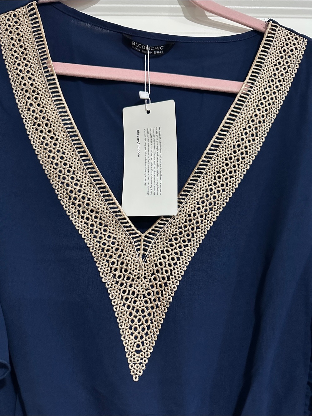 BloomChic Navy Midi Dress with Cream Crochet V-Neck - Picture 2 of 7